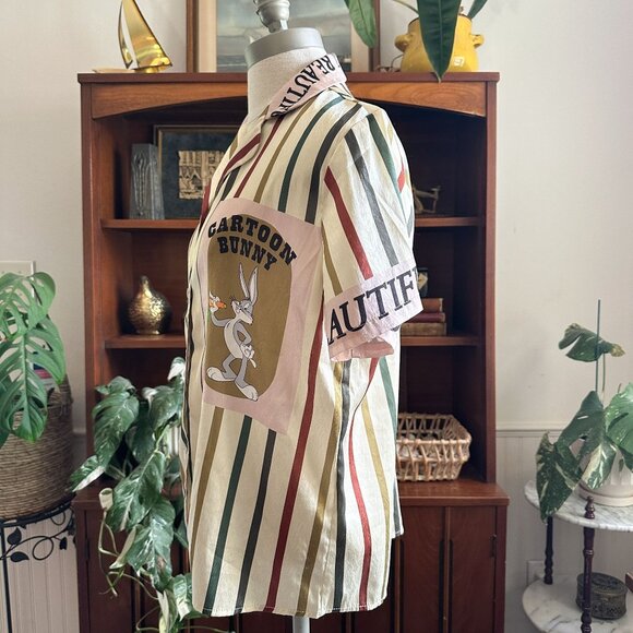 Striped Cartoon Bunny Shirt, Bugs Bunny Graphic, Retro Unisex Button Down - Picture 9 of 10